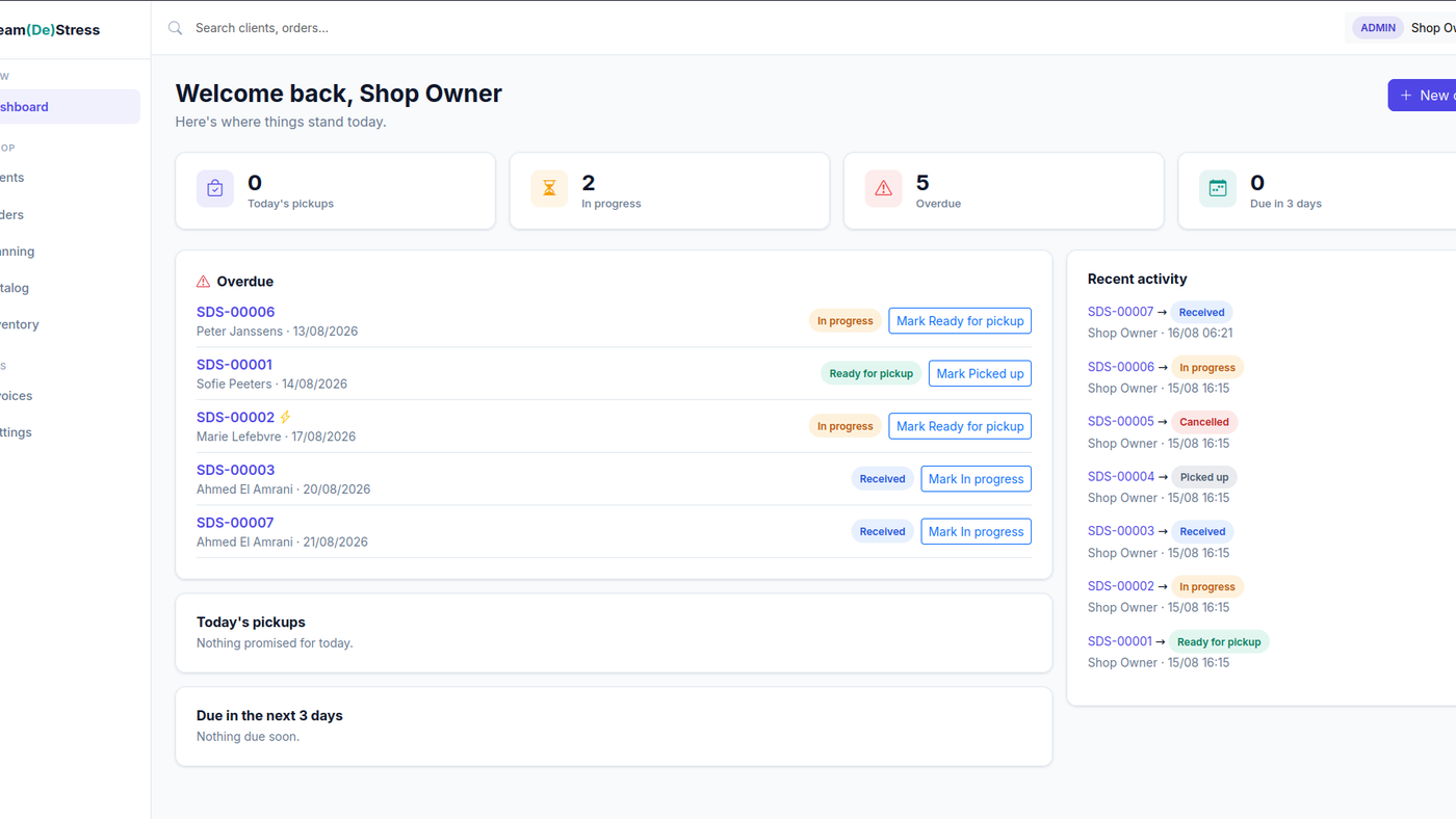Seam(De)Stress dashboard showing today's pickups, in-progress and overdue orders, and recent shop activity
